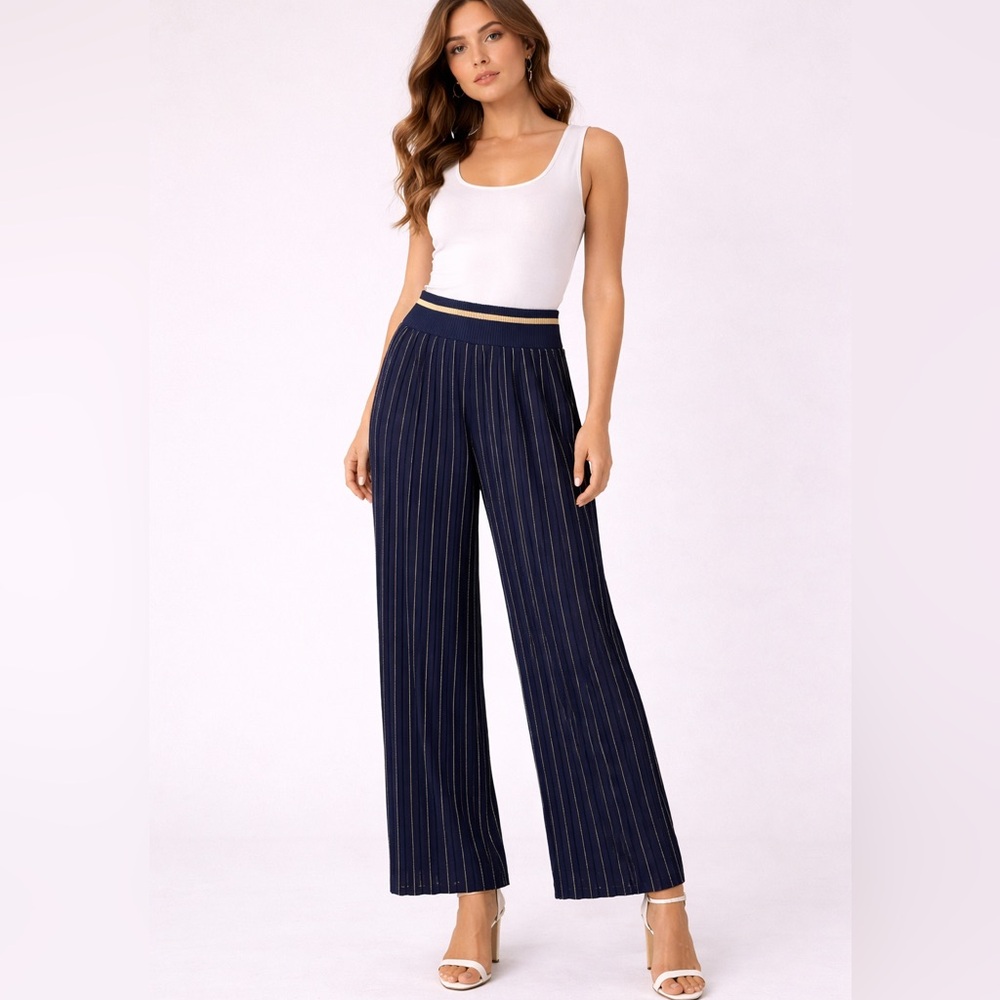 Marciano Guess Navy Pleated Wide-Leg Pants Gold Stripe Size M NWT